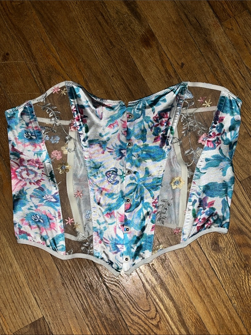 Blue pink and white floral mesh and satin corset
